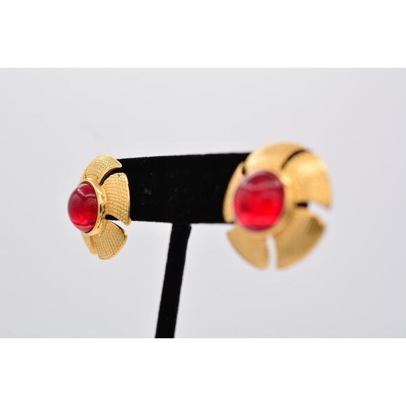 Sarah Cov Vintage Flower Red Cabochon Earrings Post Gold SC Signed 1980s BinAZ - Picture 3 of 12